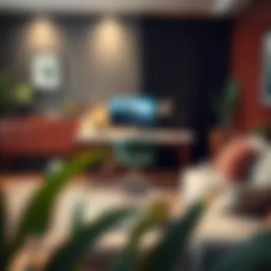 Contemporary Home Office Setup Stylish home office setup with a contemporary computer desk and decorative elements