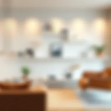 Stylish white wall shelves in a modern living room