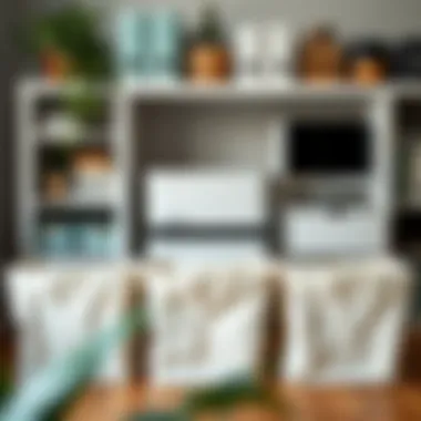 Functional square cloth storage bins integrated into an organized workspace