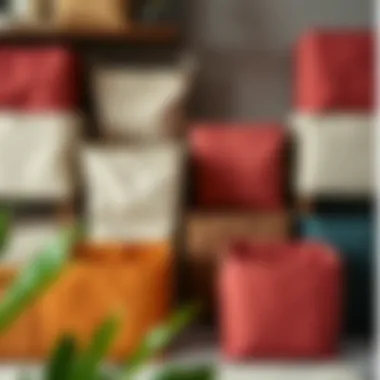 Variety of textures and colors of square cloth storage bins arranged aesthetically