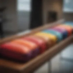 A selection of vibrant bench cushions arranged neatly on a bench