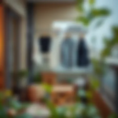 Stylish Balcony Drying Solution A compact balcony with a stylish indoor clothes drying solution.