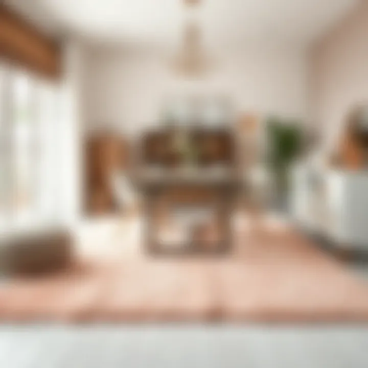 Stylish blush throw rug in a chic dining area.