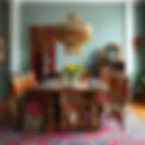 Boho-style dining table with intricate textiles and vibrant colors