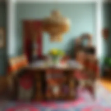 Boho-style dining table with intricate textiles and vibrant colors