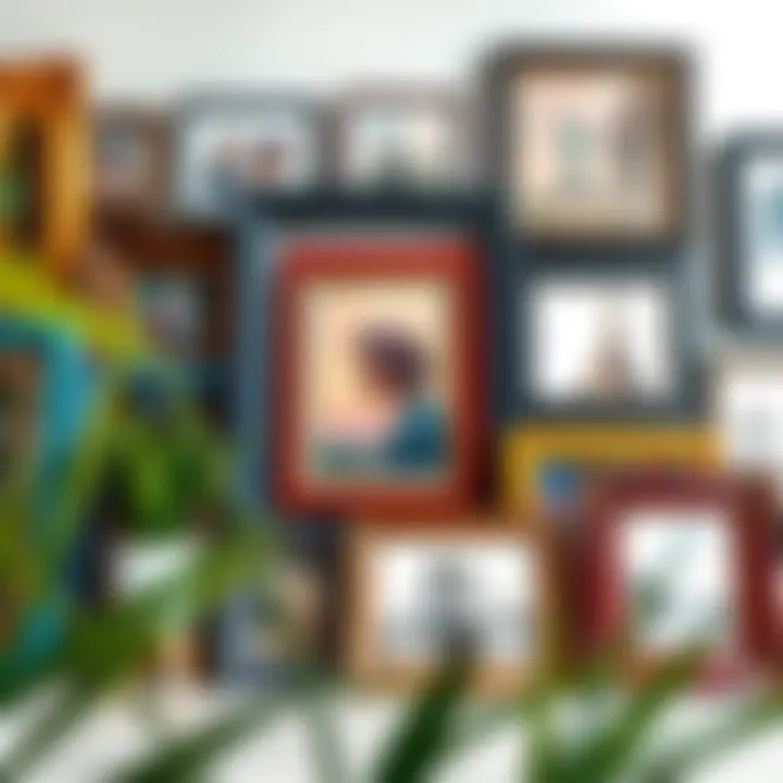 Diverse Art Styles in Coloured Frames A vibrant collection of coloured picture frames showcasing various art styles.