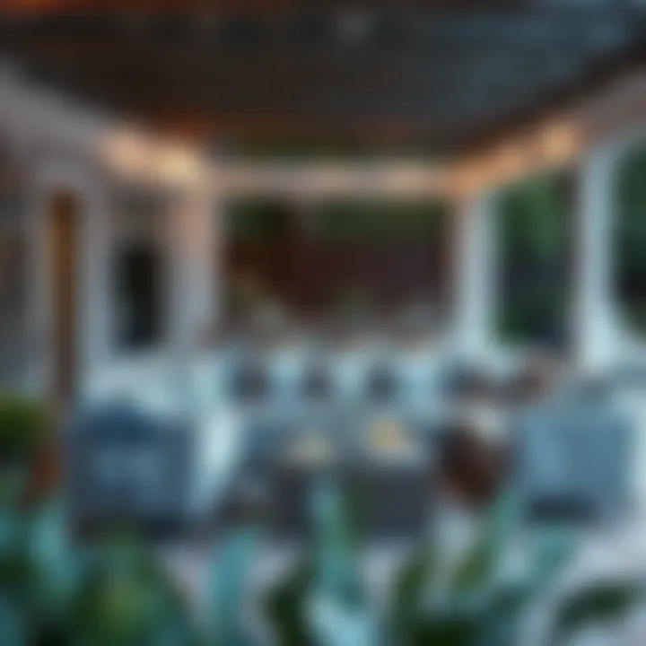 An elegantly styled outdoor living space featuring a sectional couch with a decorative cover that complements the decor.