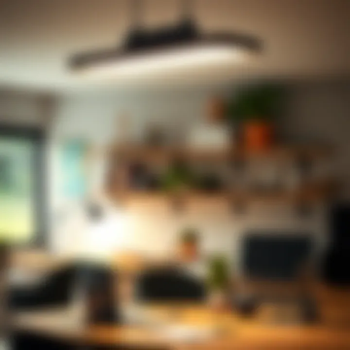 Elegant Illumination of a Workspace A sleek 36-inch LED shop light fixture elegantly illuminating a workspace.