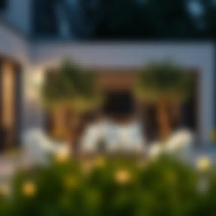 A modern outdoor space incorporating artificial decorative trees with eco-friendly features