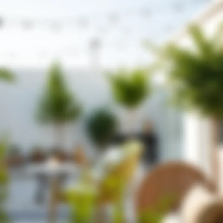 A stylish patio featuring artificial trees that enhance outdoor aesthetics