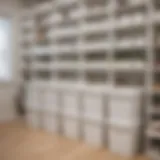 Stylish Container Store white bins arranged on a shelf