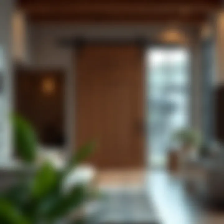 A beautifully designed contemporary barn door in a modern interior setting.