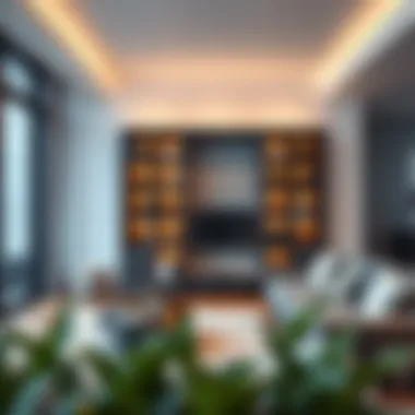 Stylish cube bookshelf with bench in a modern living room