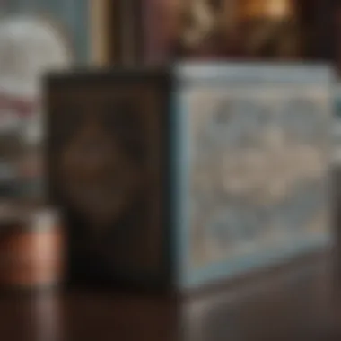 Close-up of a decorative vintage tin, highlighting intricate artwork.