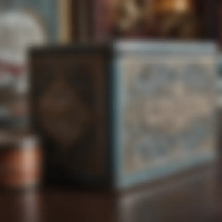 Close-up of a decorative vintage tin, highlighting intricate artwork.