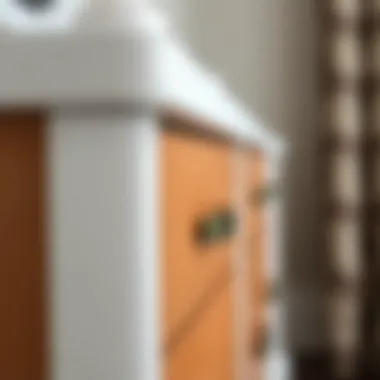 Close-up of tan and white dresser detailing