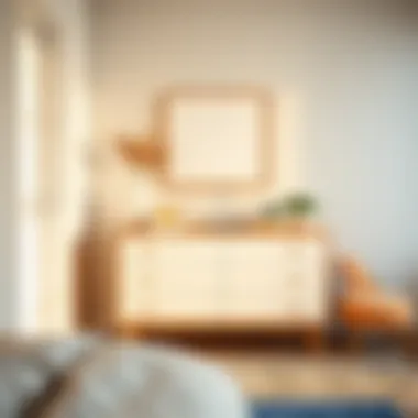 Tan and white dresser in a minimalist bedroom