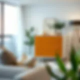 Stylish tan and white dresser in modern living room