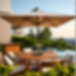 Elegant cantilever umbrella paired with a stylish wooden table in an outdoor setting