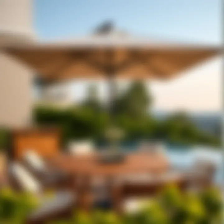 Stylish Outdoor Integration Elegant cantilever umbrella paired with a stylish wooden table in an outdoor setting