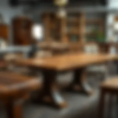 Various finishes of expandable oak tables displayed