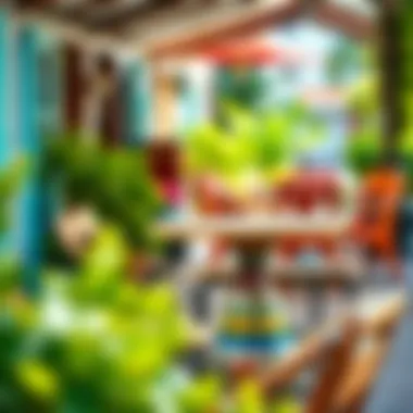 Ceramic bistro table featured in a vibrant outdoor café setting