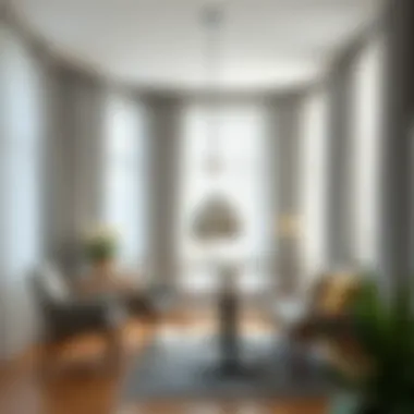 Stylish dining area adorned with light grey curtains