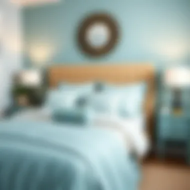 Trendy Bedroom with Light Teal Bedding and Decor Trendy bedroom featuring light teal bed set with decorative pillows