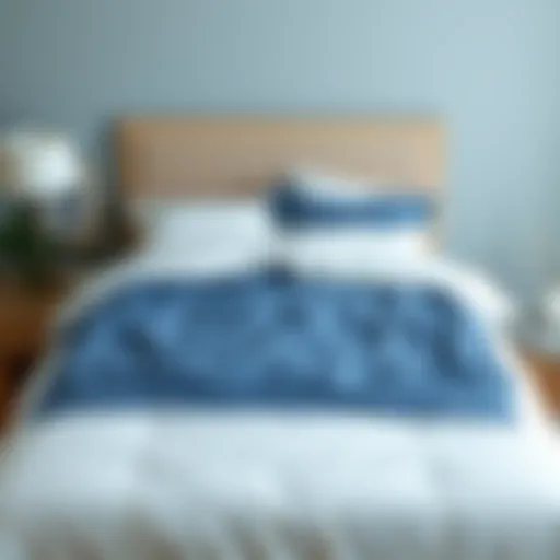 Elegant blue and white duvet cover on a neatly made twin bed
