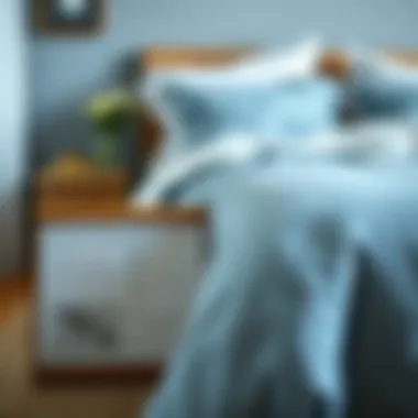 Practical maintenance tips displayed beside a blue and white duvet cover