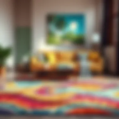 Vibrant Area Rug in Decor A beautifully designed living room featuring a vibrant area rug that complements the decor.