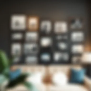 A collection of framed photographs arranged creatively on a gallery wall