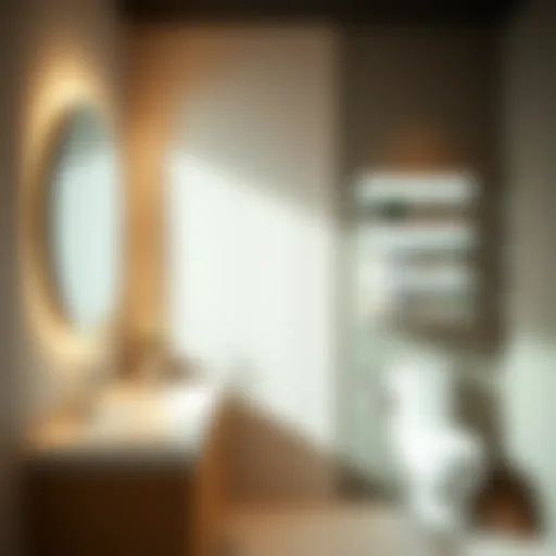 Sleek Mirror Side Shelves in a Modern Bathroom Contemporary bathroom showcasing sleek mirror side shelves with elegant decor