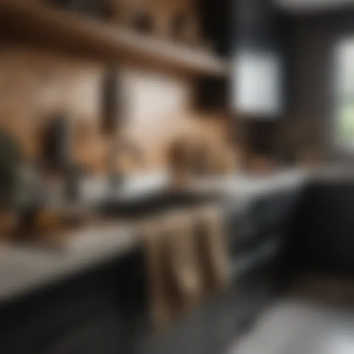 A modern kitchen featuring black and gold decorative towels complementing the decor