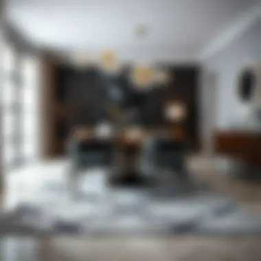 Elegant dining area featuring a black and grey area rug