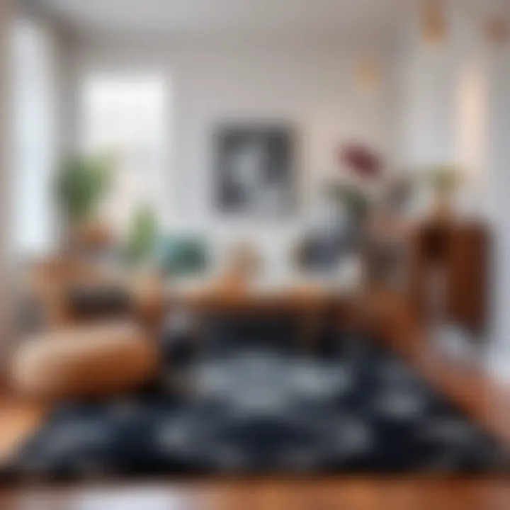 Cozy reading nook adorned with black and grey area rug