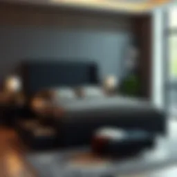 Elegant black queen size bed frame showcasing storage drawers