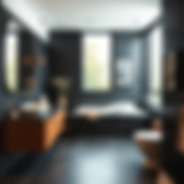 Contemporary bathroom showcasing black slate laminate surfaces