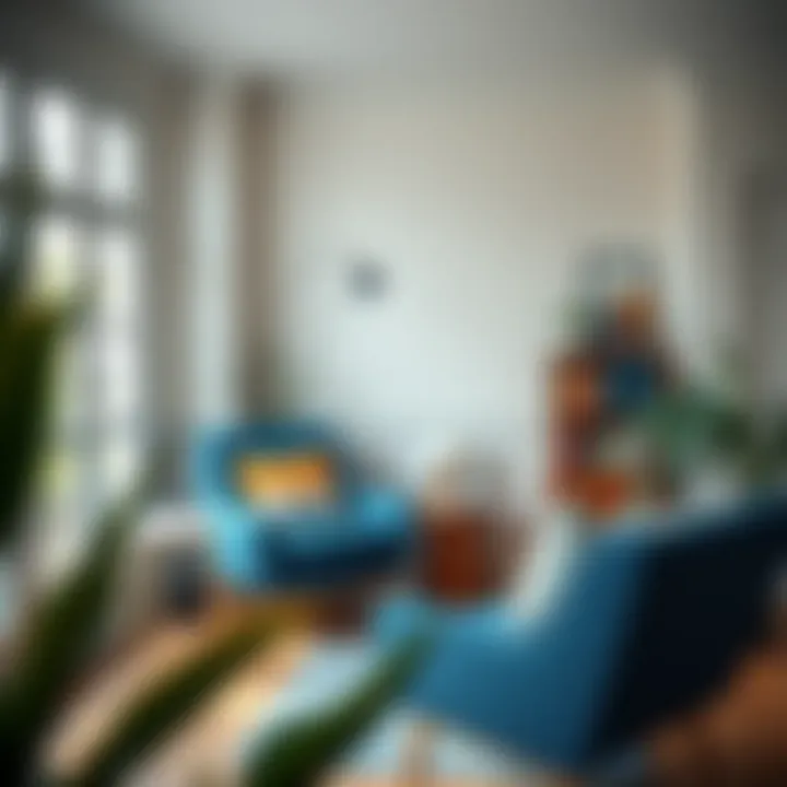 A cozy reading nook featuring a stylish blue chair