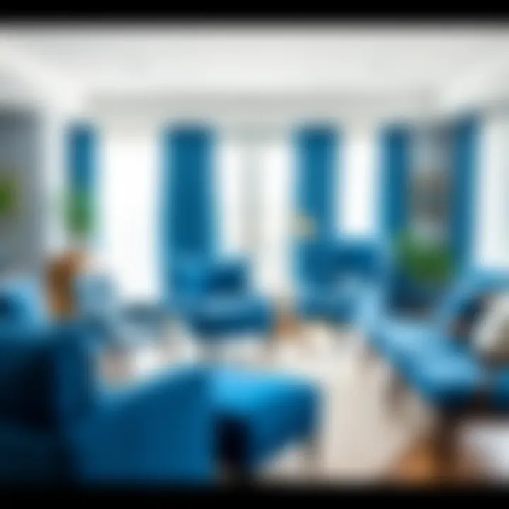 Various styles of blue chairs arranged in a bright living room