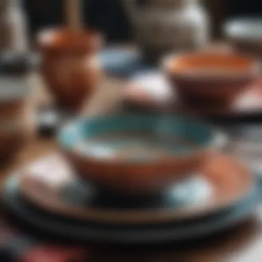 Close-up of handcrafted bohemian tableware