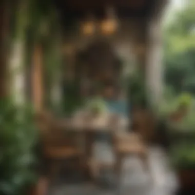 Inviting outdoor boho dining setup with lush greenery