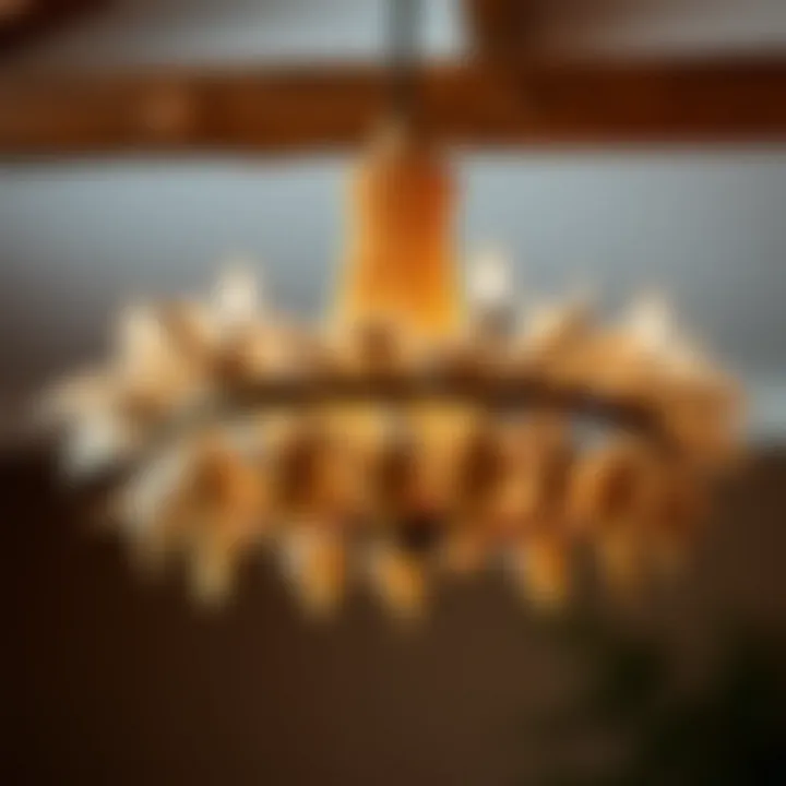 Natural Elegance: A Rustic Boho Chandelier Rustic chandelier adorned with natural elements like wood and feathers