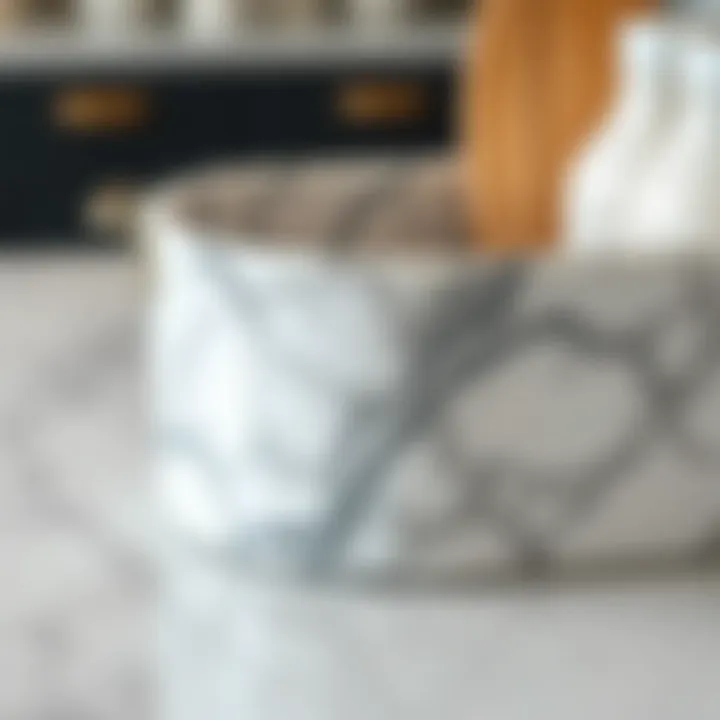 Close-up of the intricate patterns on a marble kitchen caddy.