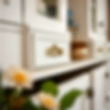 Decorative Accents of a White Farmhouse Buffet Cabinet Close-up of decorative features on a white farmhouse buffet cabinet