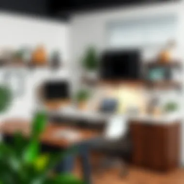 A creative workspace with various countertop samples and designs