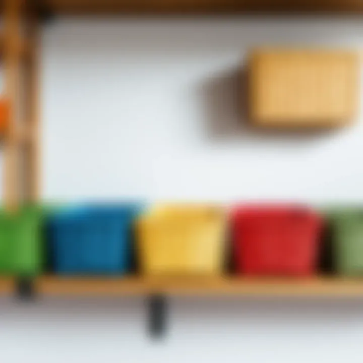 Vibrant Display: Colorful Storage Baskets on Shelf Colorful small rectangular storage baskets arranged on a shelf