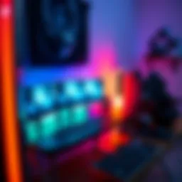 A stylish gaming desk setup with colorful lighting