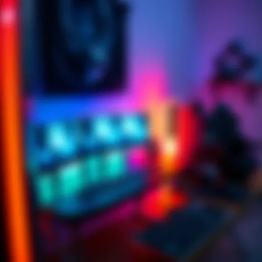 A stylish gaming desk setup with colorful lighting