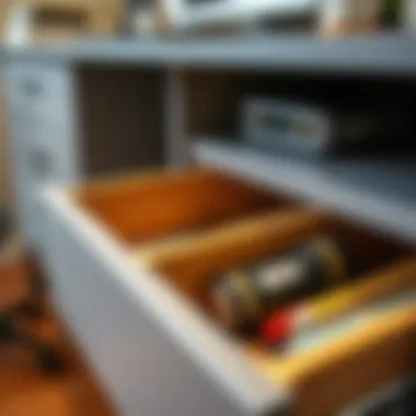 Innovative Storage Solutions in Gray Desk Drawers Close-up of gray office desk drawers highlighting storage solutions